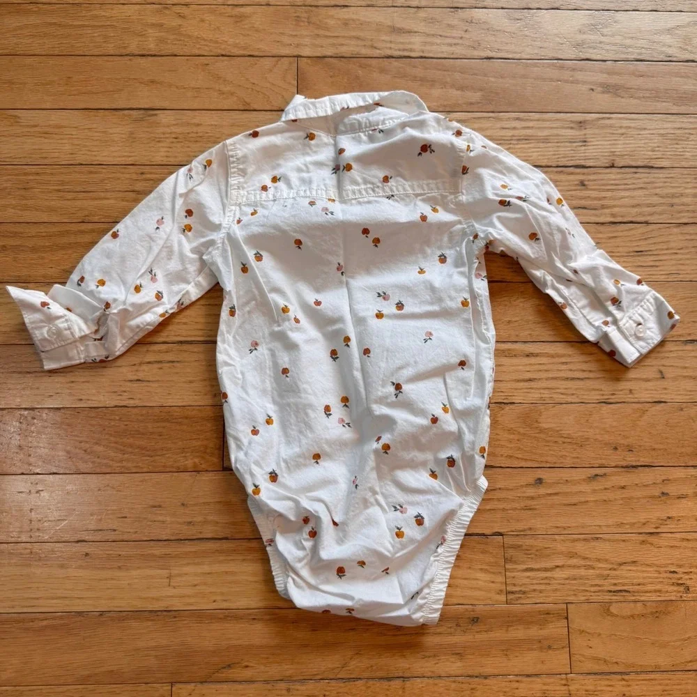 Carters 18M White Peach Fruit Print Long Sleeve Button Down Shirt Bodysuit‎